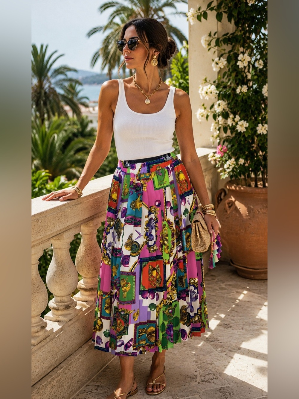Vintage Colorful Nautical Baroque Print Pleated Midi Skirt